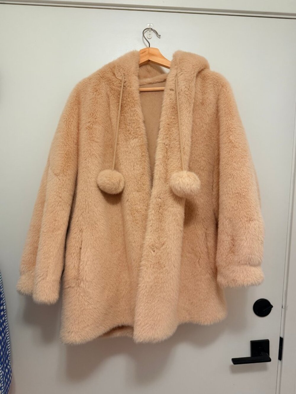 Beige Faux Fur Hooded Coat – Pom-Pom Drawstrings